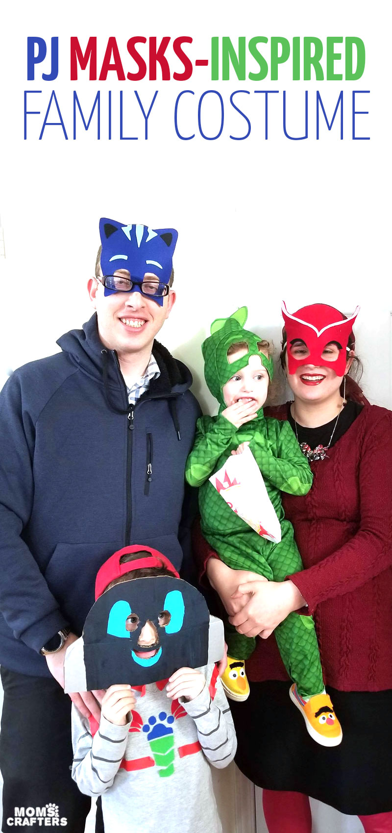 Click to check out our PJ masks family costumes! This DIY family costume idea is a great group costume for preschoolers, toddlers, and families. It includes PJ masks characters and inspired DIY costumes for catboy and owlette.