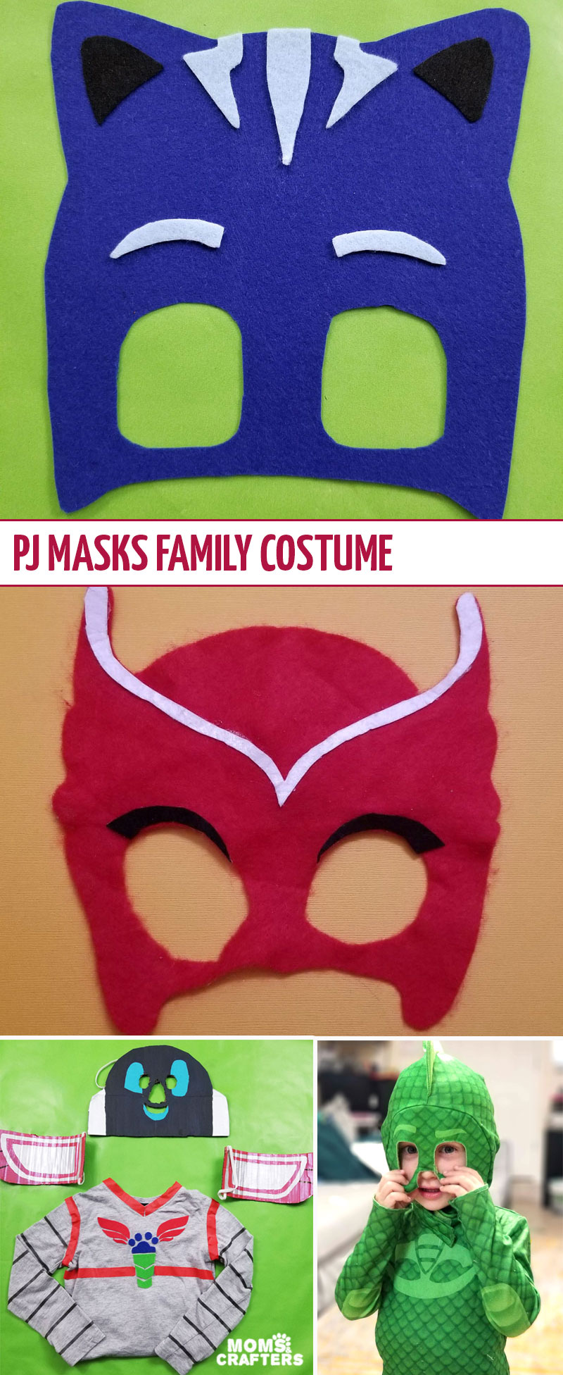 Click for an easy DIY PJ masks family costume idea! This fun costume includes a DIY catboy mask, a DIY owlette mask and matching outfit, and a Gecko costume that was purchased. It also features an adorable DIY PJ robot idea!