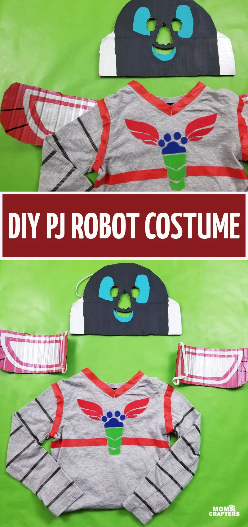 Craft your own PJ Robot costume - a fun DIY PJ Masks costume idea to make for Halloween, or Purim! This fun costume is made from an upcycled cardboard box and uses normal clothes that can be reused.