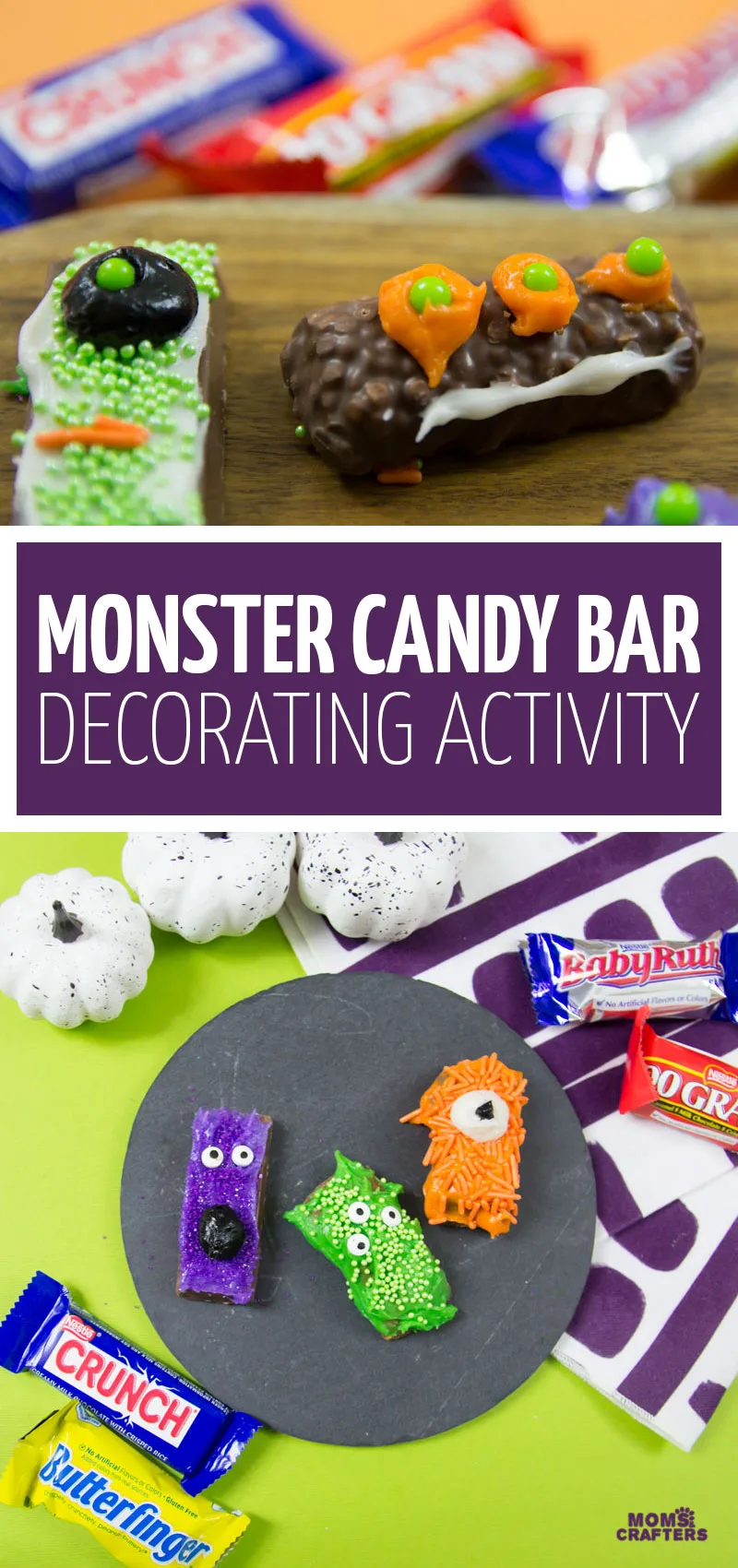 Click for a super fun monster candy bar decorating activity, a fun recipe using Butterfinger chocolate and more! This open-ended cooking with kids activity is fun for Halloween or a monster birthday party. 
