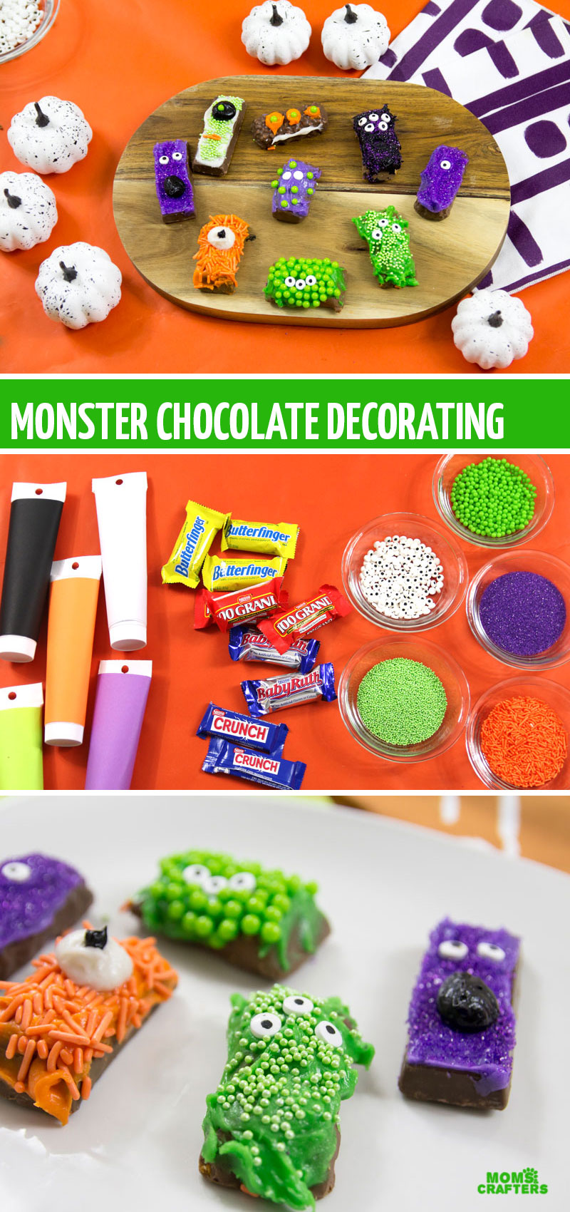 If you're looking for Halloween or Monster food ideas, this monster candy bar decorating idea is perfect for kids and adults to make! It's super easy and can be made in advance, and uses some favorite chocolate bars!