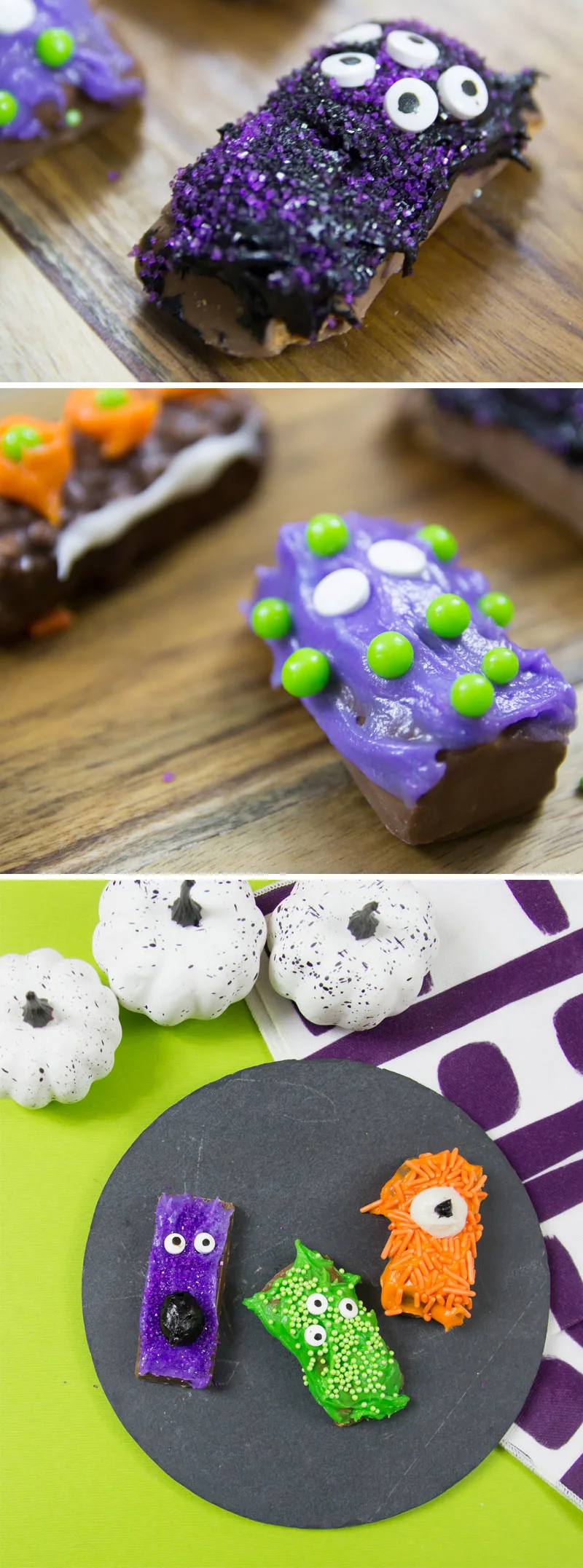 Learn how to make a monster candy bar tray to serve at your Halloween get together or as a kids cooking and food decorating activity! 