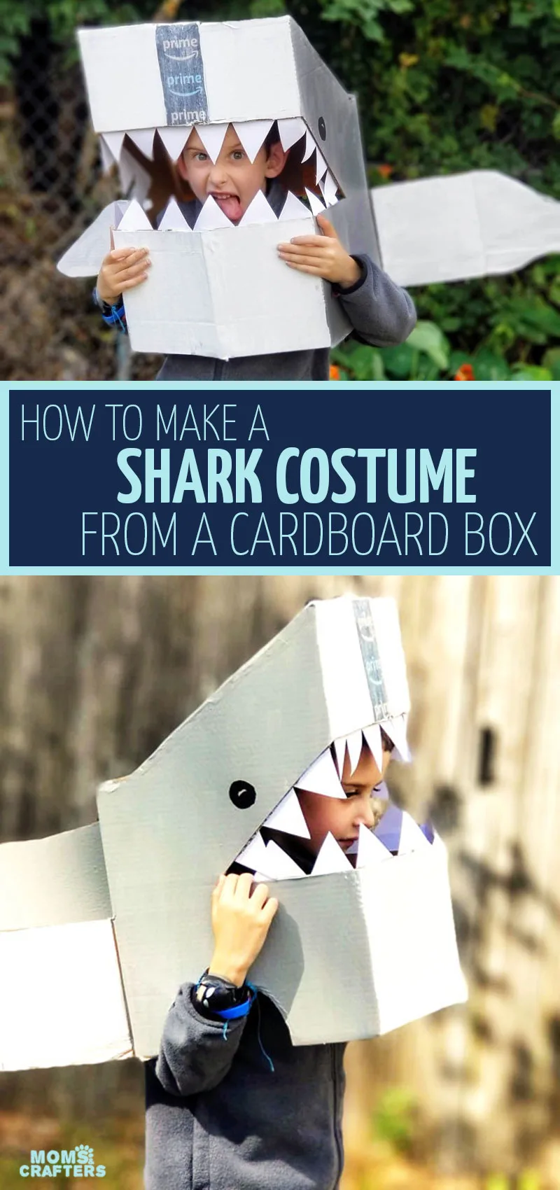 Click to learn how to make a DIY shark costume out of a cardboard box. This no sew Halloween costume can be adapted for Baby Shark or for pretend play! It's also a great man eating shark DIY costume idea. 