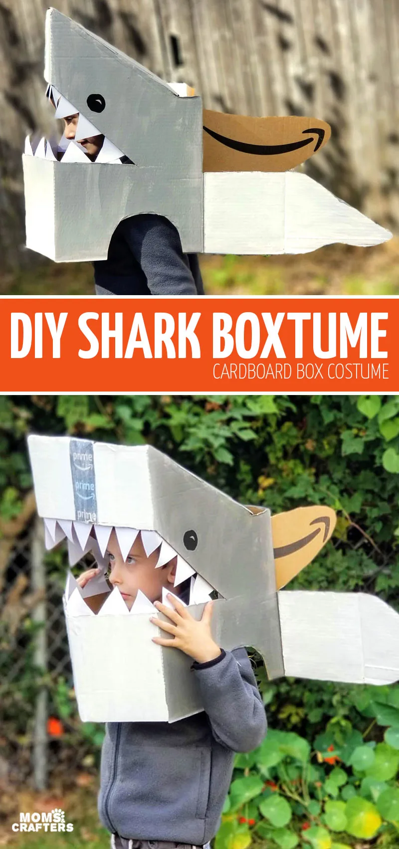 Craft an easy DIY Shark Costume - a great last minute Halloween costume idea using a cardboard box. Call it a Boxtume! This upcycled inexpensive costume is so easy to make.