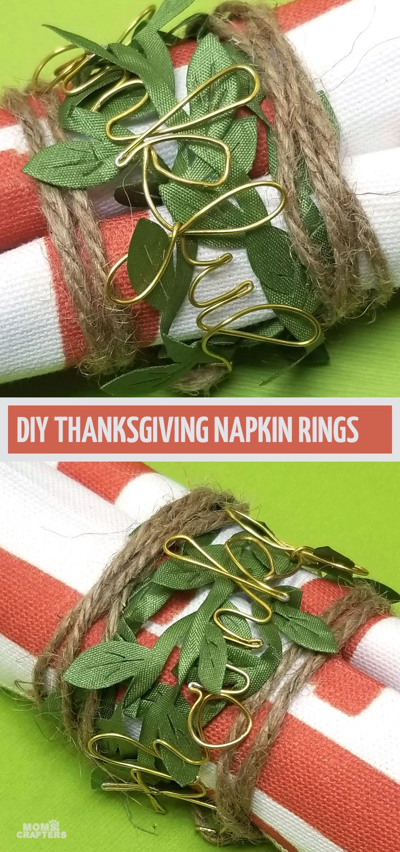 Craft some DIY Thanksgiving napkin rings with leaves and twine and a gorgeous fall themed table setting! You can turn these into names instead of placecards. They make stunning table decorations!