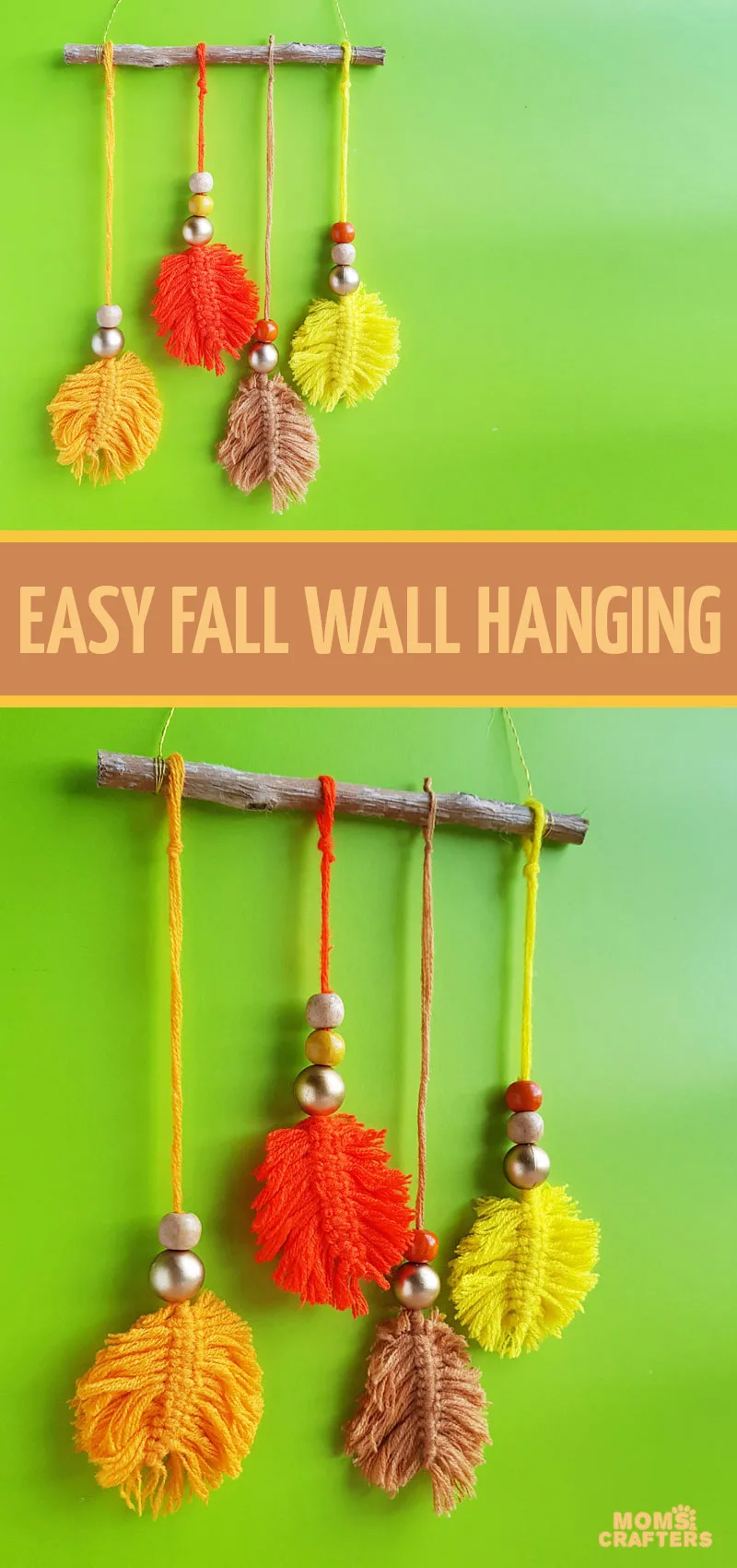 click for a tutorial on how to make macrame leaves for fun fall DIY decor! This yarn wall hanging for autumn is fun and colorful and a cool fall craft for teens and tweens. 
