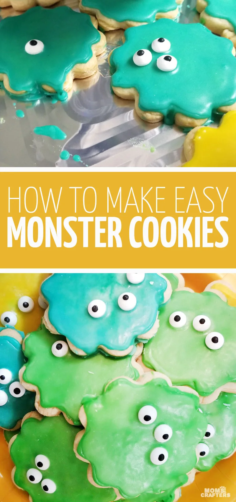 Check out these supre easy monster birthday party food ideas including these easy monster cookies using a royal icing hack and candy eyes!