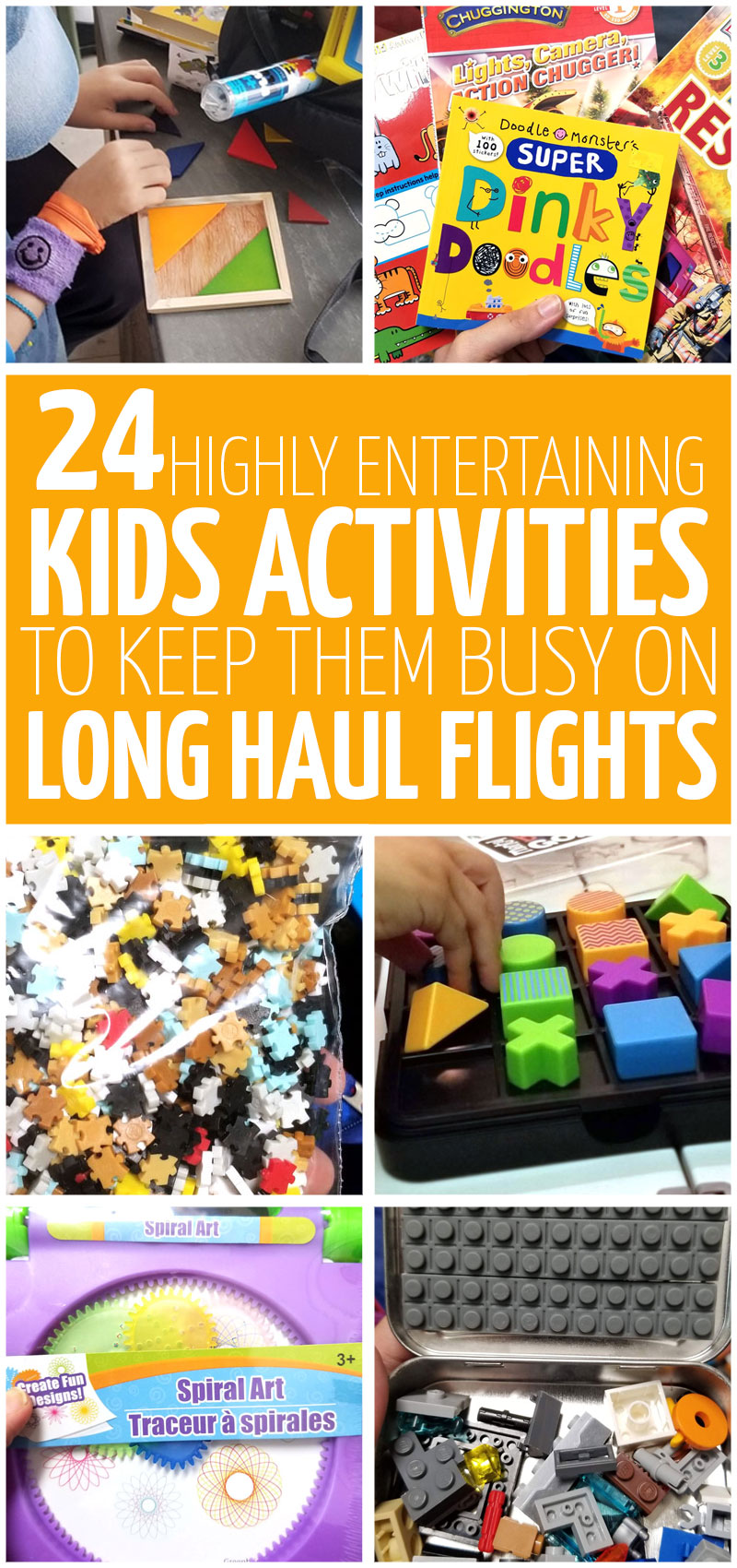 24 ways to entertain kids on long haul flights. Cheap airplane activities for kids that are easy and simple to put together and inexpensive to buy.