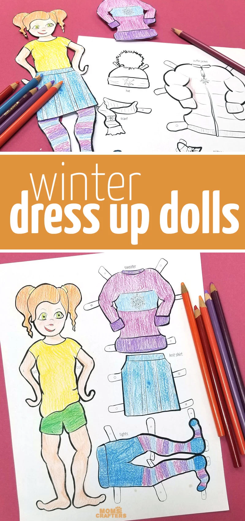 Paper dolls featuring winter clothing! This fun printable paper toy for kids is also a cool winter coloring page and paper craft for kids and tween girls. 