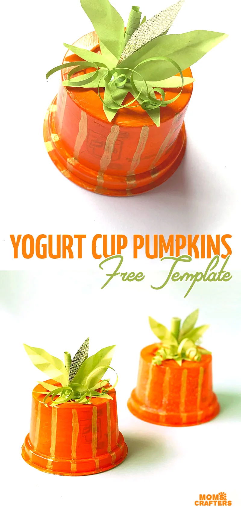 Make your own recycled pumpkins using yogurt or applesauce cups! This fun pumpkin craft for kids - for toddlers, preschoolers, and big kids too - is super easy and uses stuff you already have. And the cool topper comes with a free printable template.