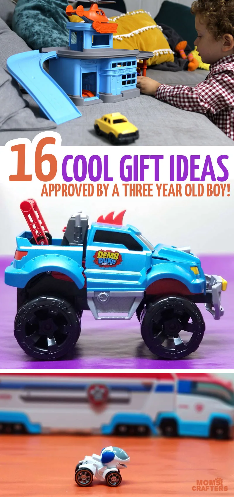 Click for the best birthday gifts for 3 year old boys that make great Christmas gifts and Chanukah gifts for older toddlers too! These sweet toy gift ideas are fun for kids who love cars, Paw Patrol, and anything in between.