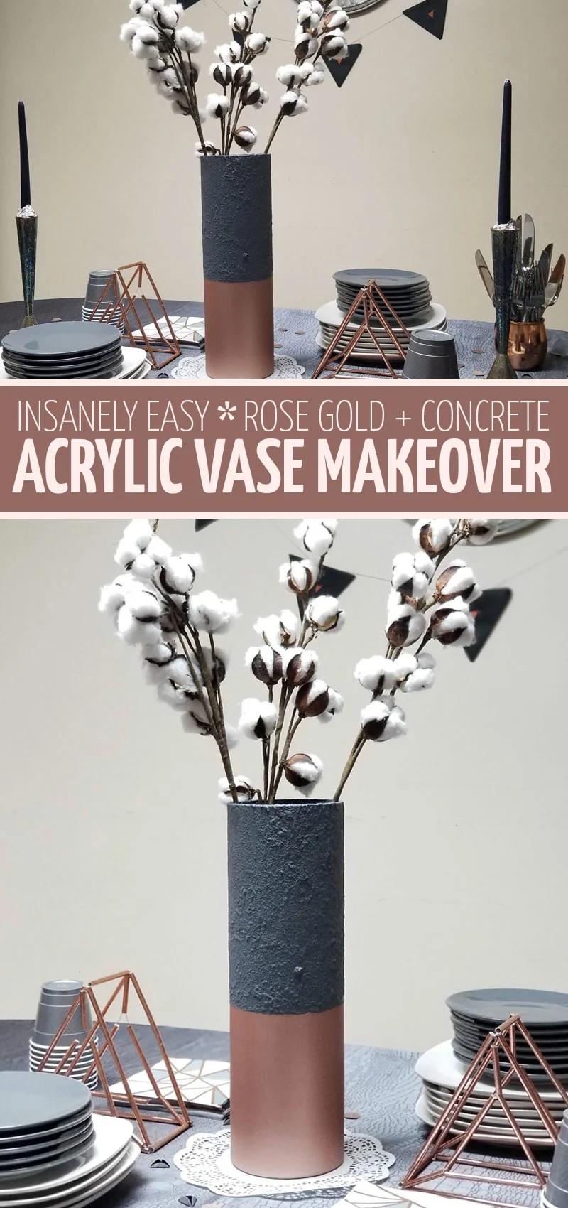 Click to learn how to do this painted vase makeover - turn an acrylic vase into a gorgeous textured concree and rose gold centerpiece! This beautiful charcoal and copper tablescape is perfect for Thanksgiving and Purim and everything in between.