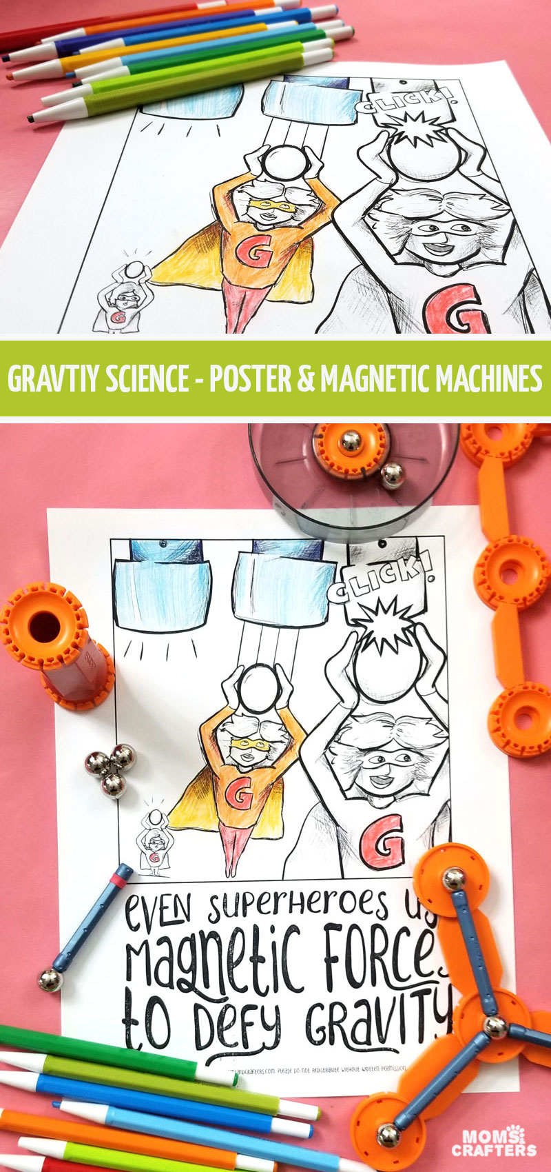 Click to download this free printable science coloring page and poster for teen and tween boys and girls! This STEM activity for kids is a fun way to learn about magnetism and gravity and a great coloring page for bigger kids who love comics!