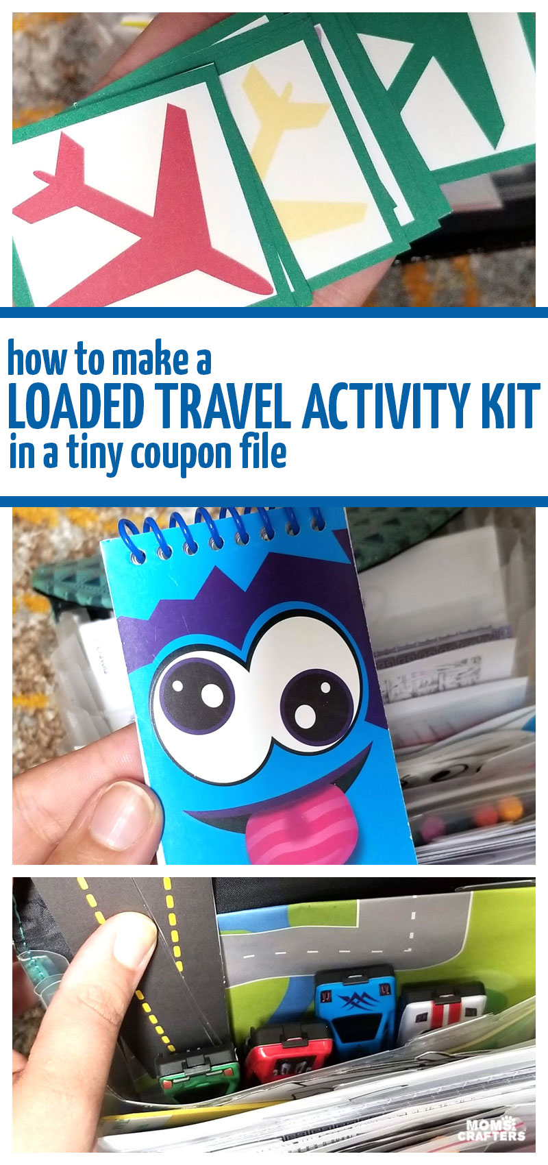 Click to learn how to make a loaded DIY travel activity kit for toddlers and preschoolers! This is one of my favorate airplane and roat tripa ctivities for kids and is perfect instead of an activity binder!