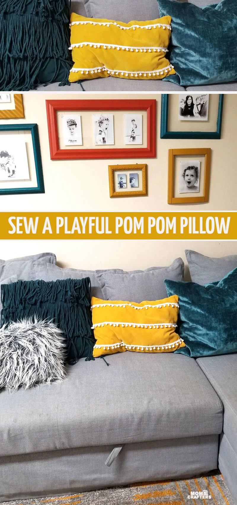 Click to learn how to sew a DIY pom pom pillow or throw cushion for the living room or family room couch! This easy tutorial for beginners is colorful and playful. 