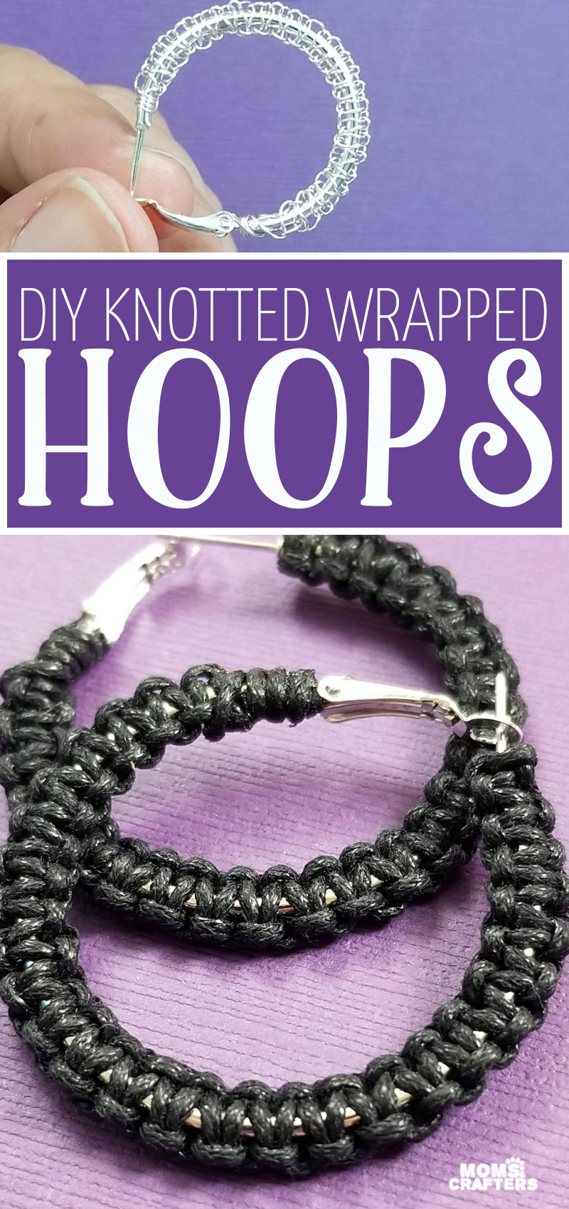 Click to learn how to make wrapped hoop earrings - using a cobra stitch! You can make these with string or cord, or even with wire, for a cool crochet earring look!