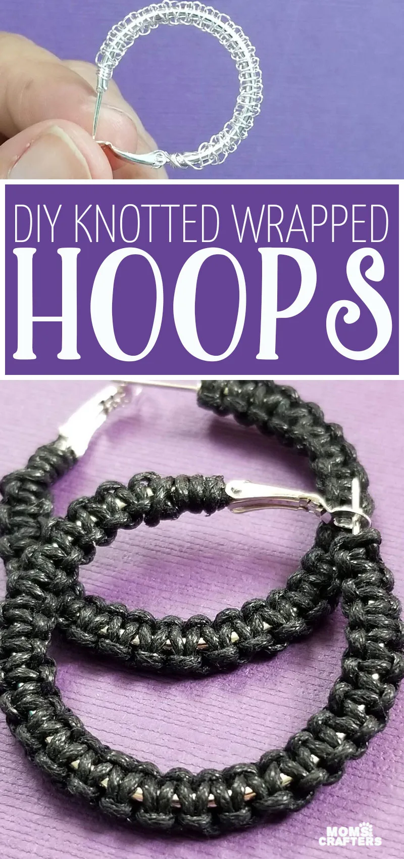 Click to learn how to make wrapped hoop earrings - using a cobra stitch! You can make these with string or cord, or even with wire, for a cool crochet earring look!