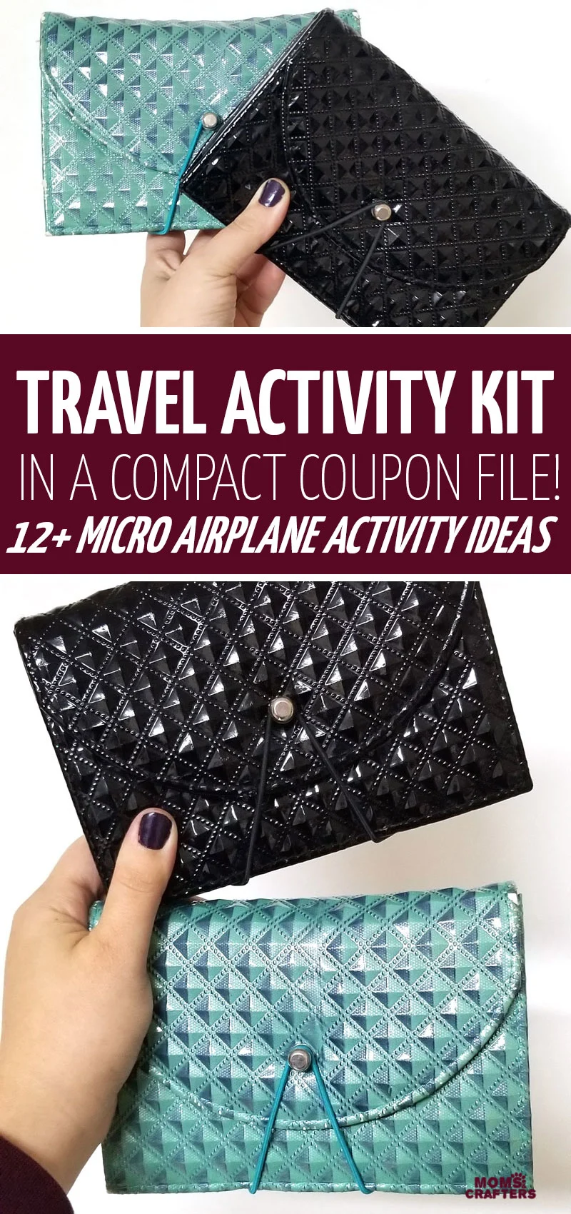 Amazing travel hack: fill a coupon file with loads of mini activities for hours of entertainment! This DIY travel activity kit is fun airplane activities for toddlers. It includes coloring pages and crafts for your kids to do. 