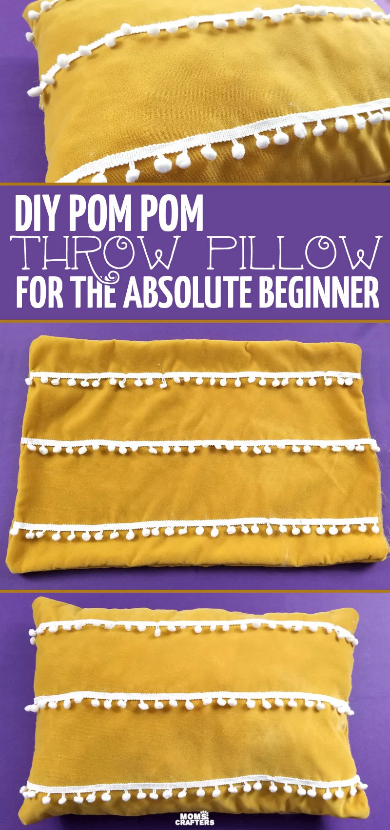 Click to learn how to make a DIY pom pom pillow - a super easy and cheap sewing project for beginners! This simple tutorial is perfect for teens and tweens learning to sew, and is a great DIY decor throw pillow for the living room.