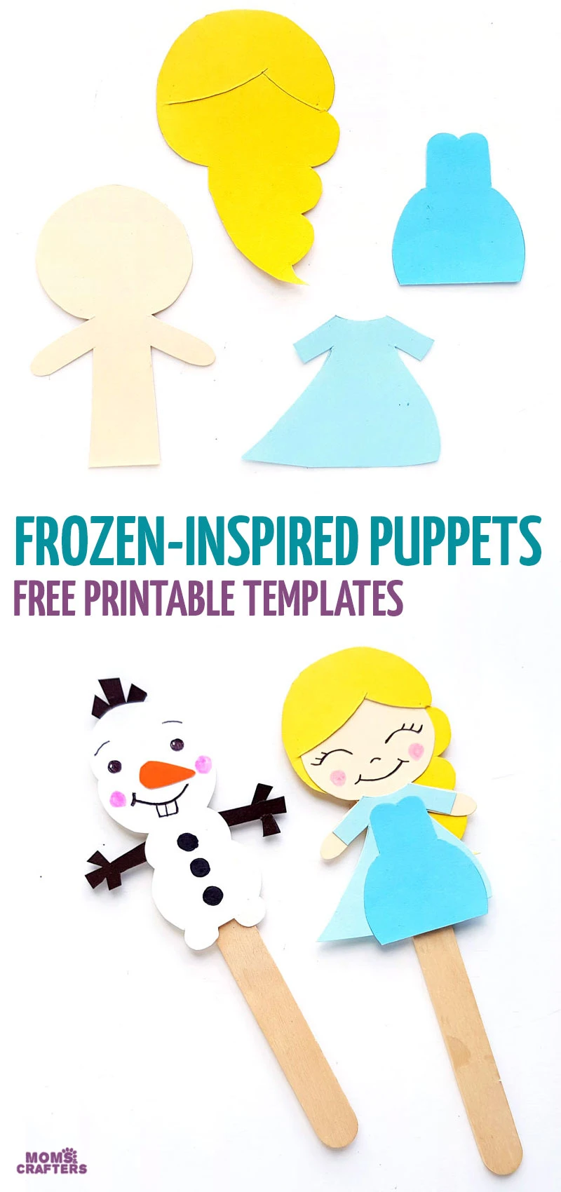 Click for free printable Frozen paper craft templates for Elsa and Olaf puppets and bookmarks!