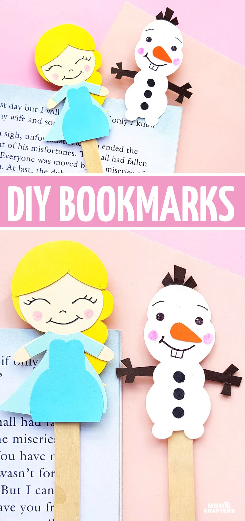 Click for the free printable template to make this Frozen paper craft! these frozen inspired puppets and DIY bookmarks can also be used for a Frozen themed birthday party crafts - make cake toppers, cards or anything with this free printable!