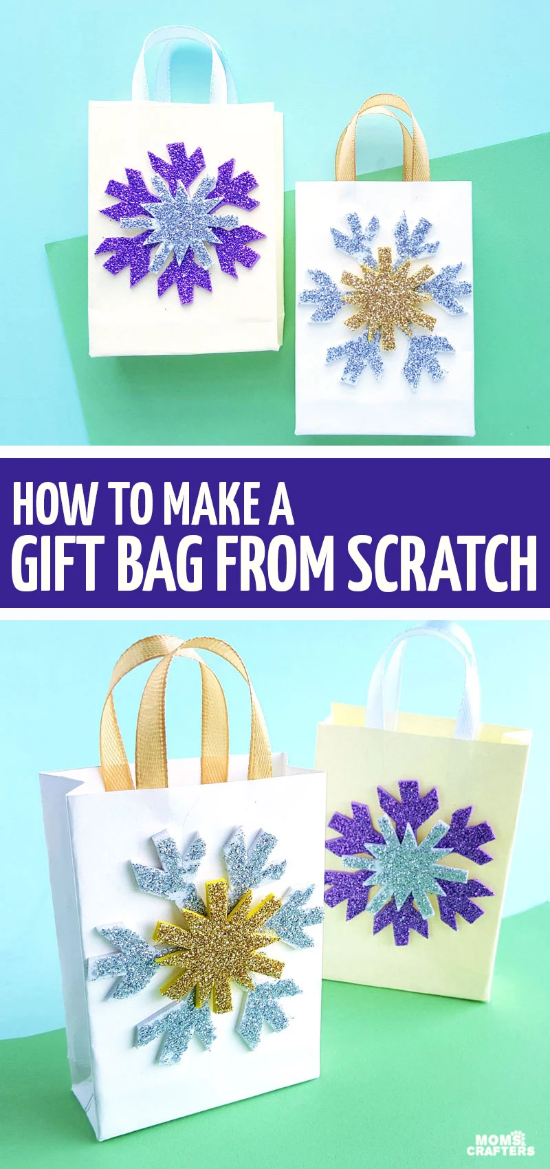 Click to learn how to make a gift bag out of wrapping paper from scratch and to learn how to create this DIY Frozen inspired snowflake gift bag!