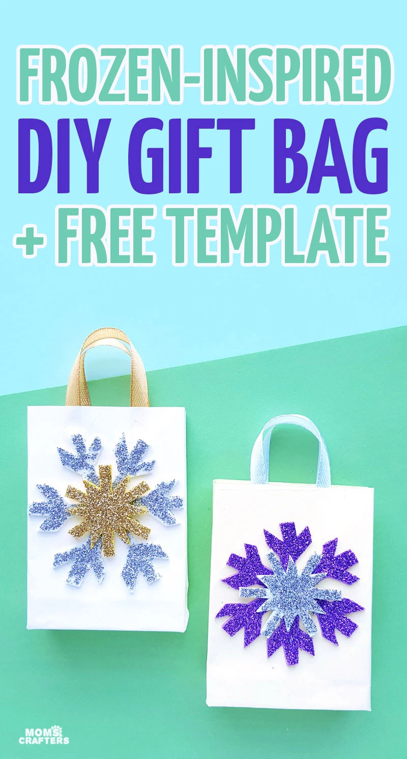 Click to use the free template to make your own DIY frozen inspired gift bag! Learn how to make a gift bag out of wrapping paper and then add the fun snowflakes using the free template for a fun DIY gift wrap idea. 