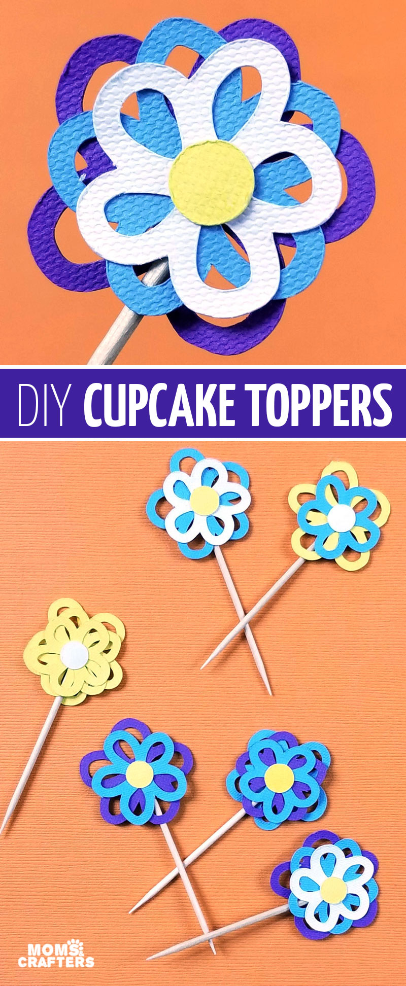 These DIY flower cupcake toppers are perfect for a girl's birthday party decoration! These pretty garden flowers are a great Cricut paper craft for beginners made using the Explore Air 2 but you can use the Cricut Maker too! These paepr flower cupcake topper toothpicks are so easy to make