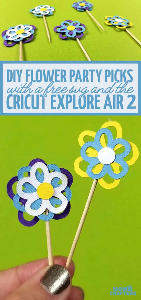 Click for the free paper flower template to make these paper flower cupcake topper party picks. These DIY flower toothpicks are easy and a great cricut ideas for beginners and for Spring