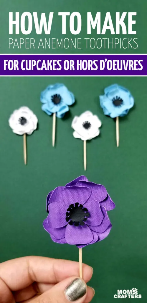 Click for the free SVG to make these free paper anemone flowers and turn them into beautiful paepr flower cupcake topper picks. It's beautiful and elegant for weddings, bat mitzvah parties, baby showers, and more and you can even turn them into magnets! Download the free SVG template.