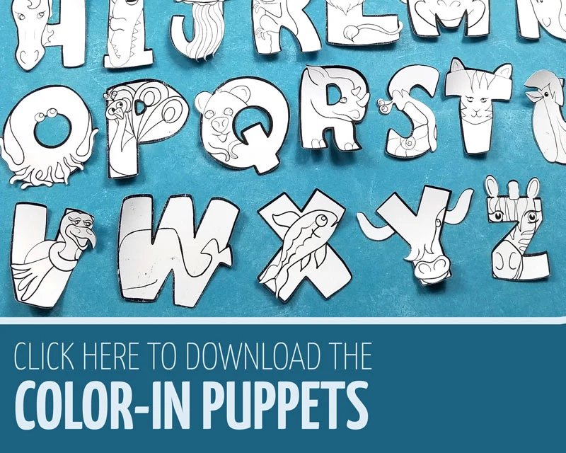 Click this link for the color-in alphabet puppets animal craft for kids, preschool, and toddler
