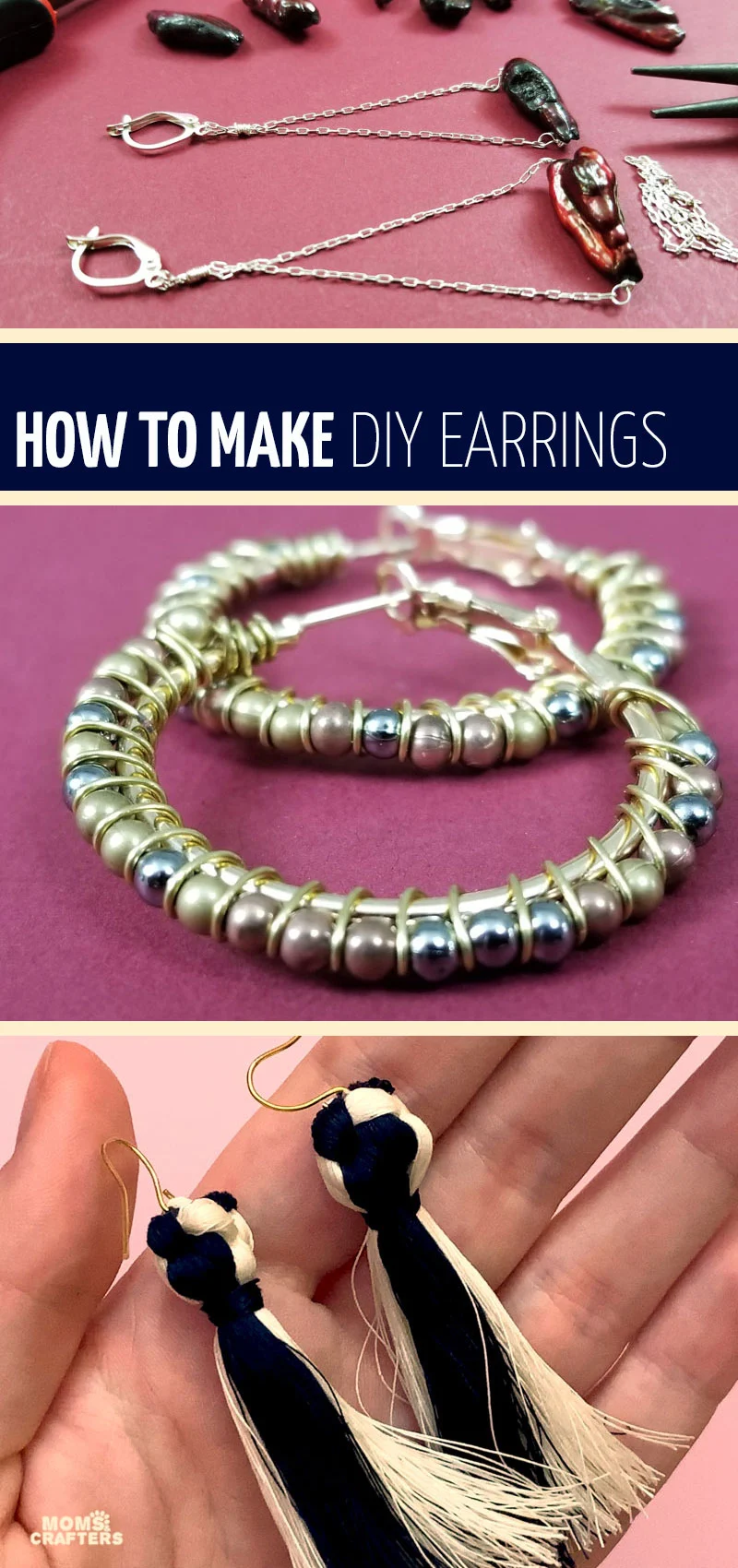 Make your own easy DIY earrings with these simple tutorials for teens and adults! These jewelry making basics include wire wrapped hoops, DIY stud earrings, tassel earrings, beaded ones too! You'll find so many ideas with beads, dangle, and even some for teens!