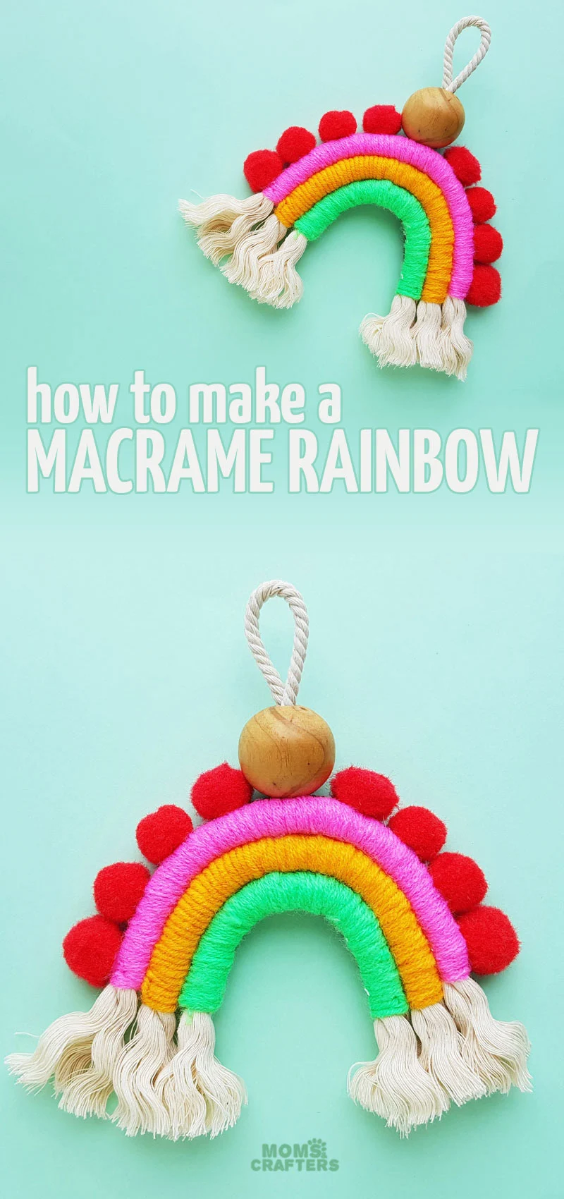 LEarn how to make a macrame rainbow wall hanging or charm for your home! This adorable DIY home decor craft for teens and tweens is also a great nursery or playroom decor idea!