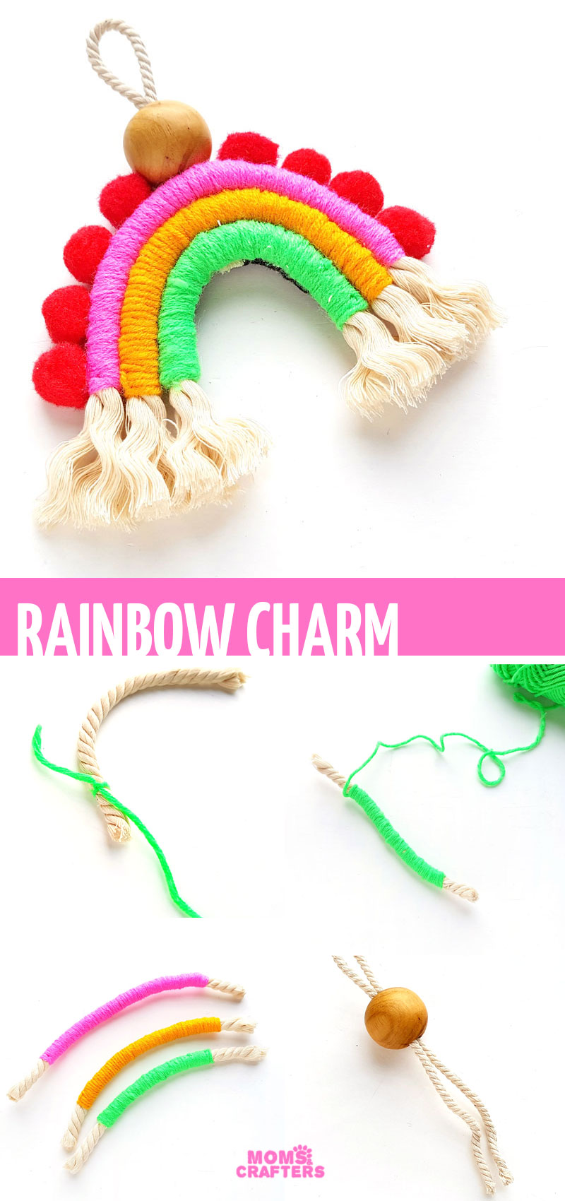 Craft a DIY macrame rainbow tutorial and turn it into a charm, a backpack dangle, a wall hanging, or whatever you want! Macrame rainbows are perfect macame projects for beginners and for teens. 