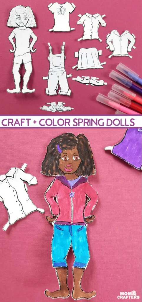 Color and craft paper doll templates for Spring! This girl paper doll includes multicultural options and is a fun Cricut Print then Cut project for kids. This paper craft printable toy is a fun craft for kids and tweens.