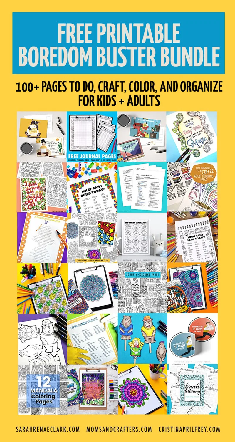 CLick to download these free printable boredom busters - one easy download with over 100 pages of free printable coloring pages for adults, kids activities and crafts, and more!