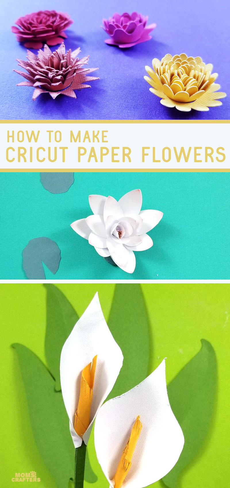 Click to learn how to make paper flowers with cricut - including rolled flowers, a beautiful lotus flower and gorgeous paper calla lilies.