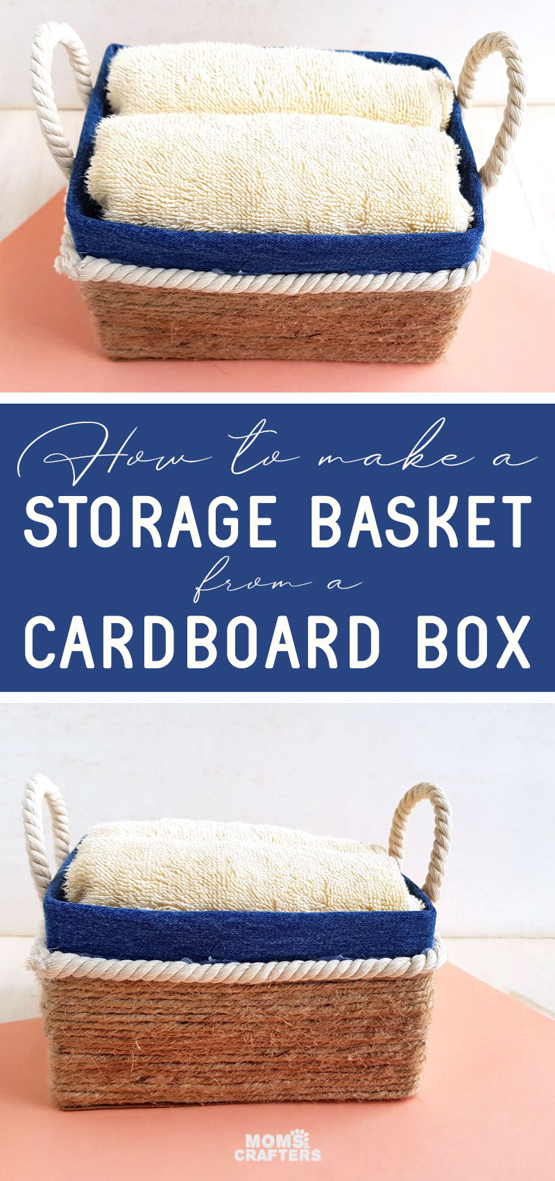 This DIY storage bin is made from a repurposed cardboard box! This fun upcycling craft is a great spring cleaning idea and home organization craft. Use old jeans, rope and sisal twine in this easy craft. 