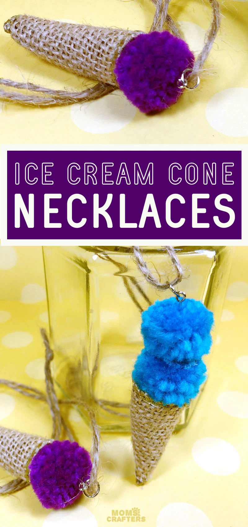 Craft an ice cream necklace using some burlap and a pom pom! This fun summer craft for kids and tweens is adorable and an easy jewelry making idea for kids.