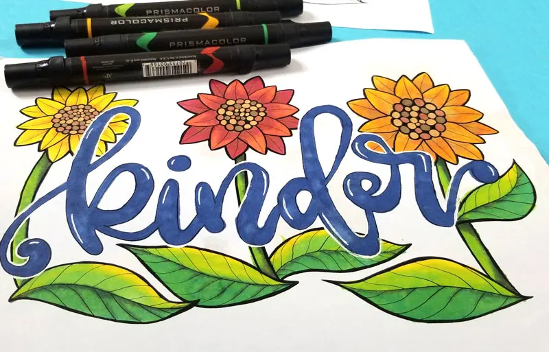 Final artwork of "kinder" motivational coloring pages