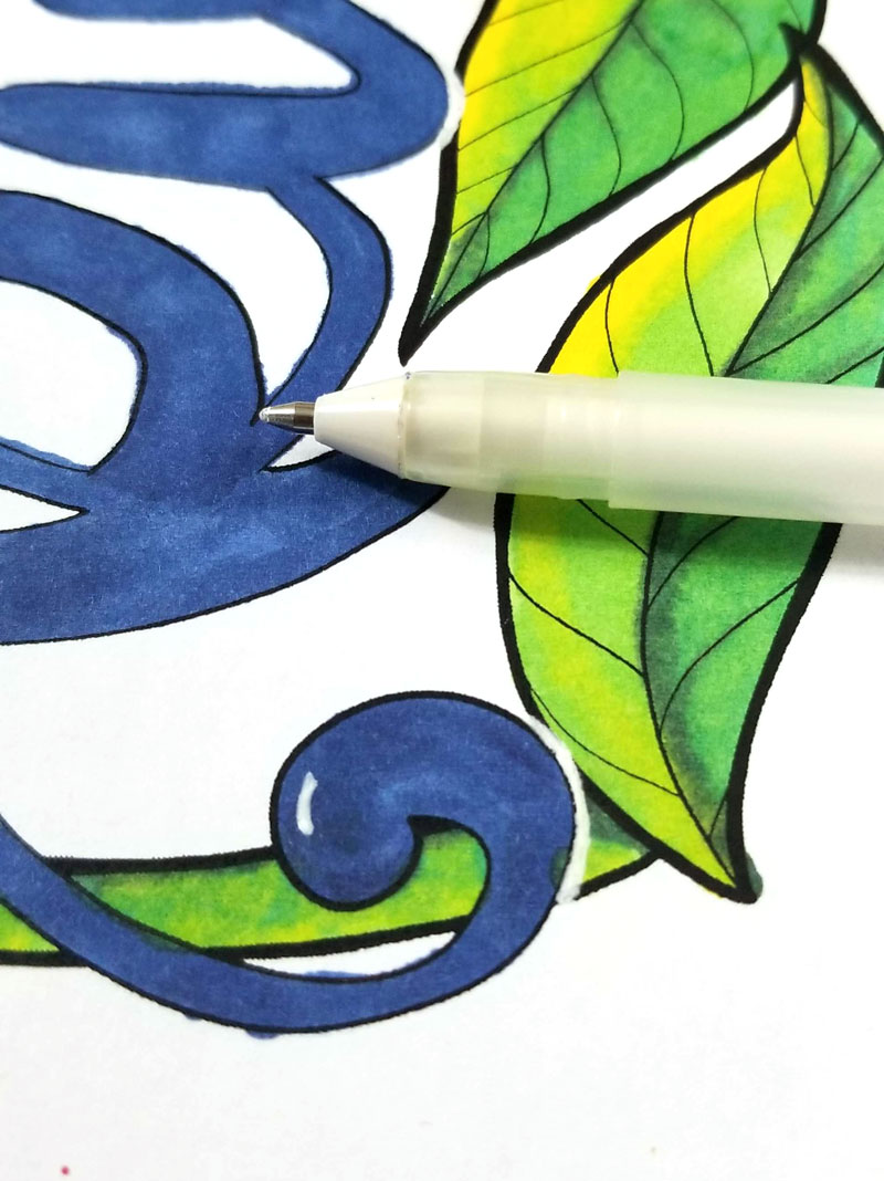 adding pen detail to motivational coloring pages 