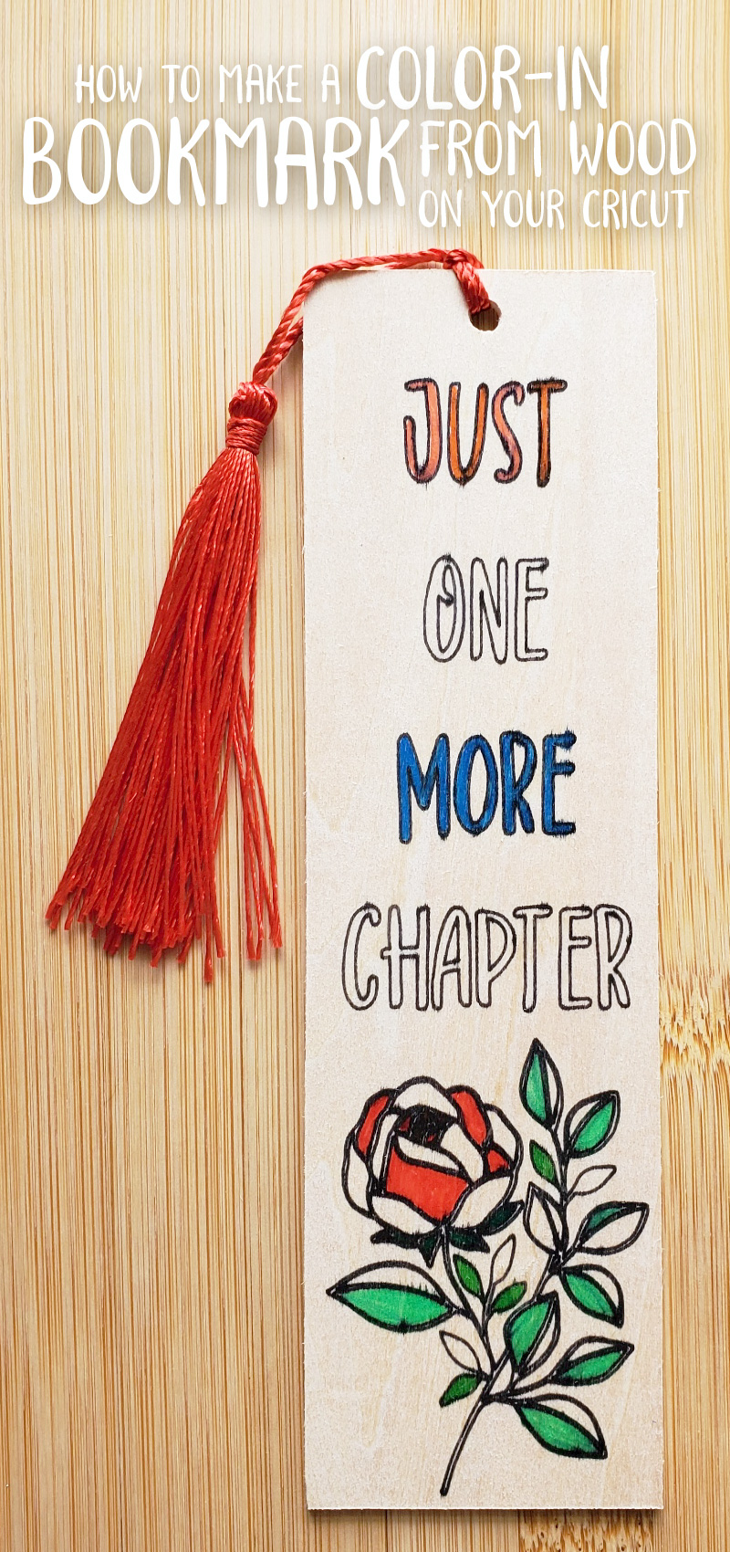 Final image of balsa wood cricut craft - a wood bookmark to color in!