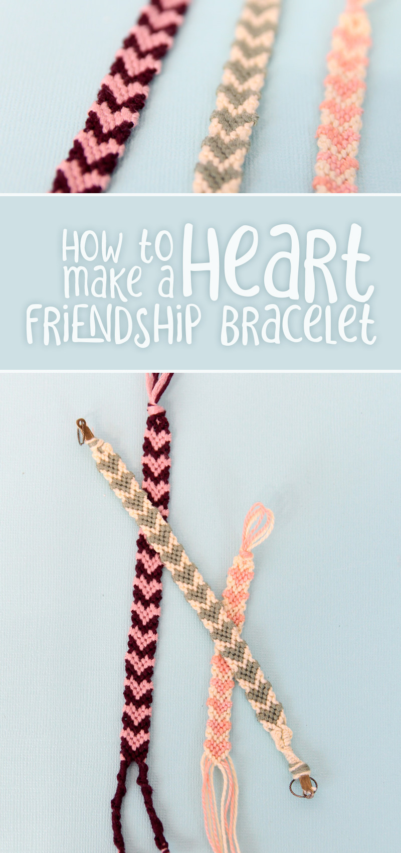 Heart patterned friendship bracelet hero collage with text and a light blue background