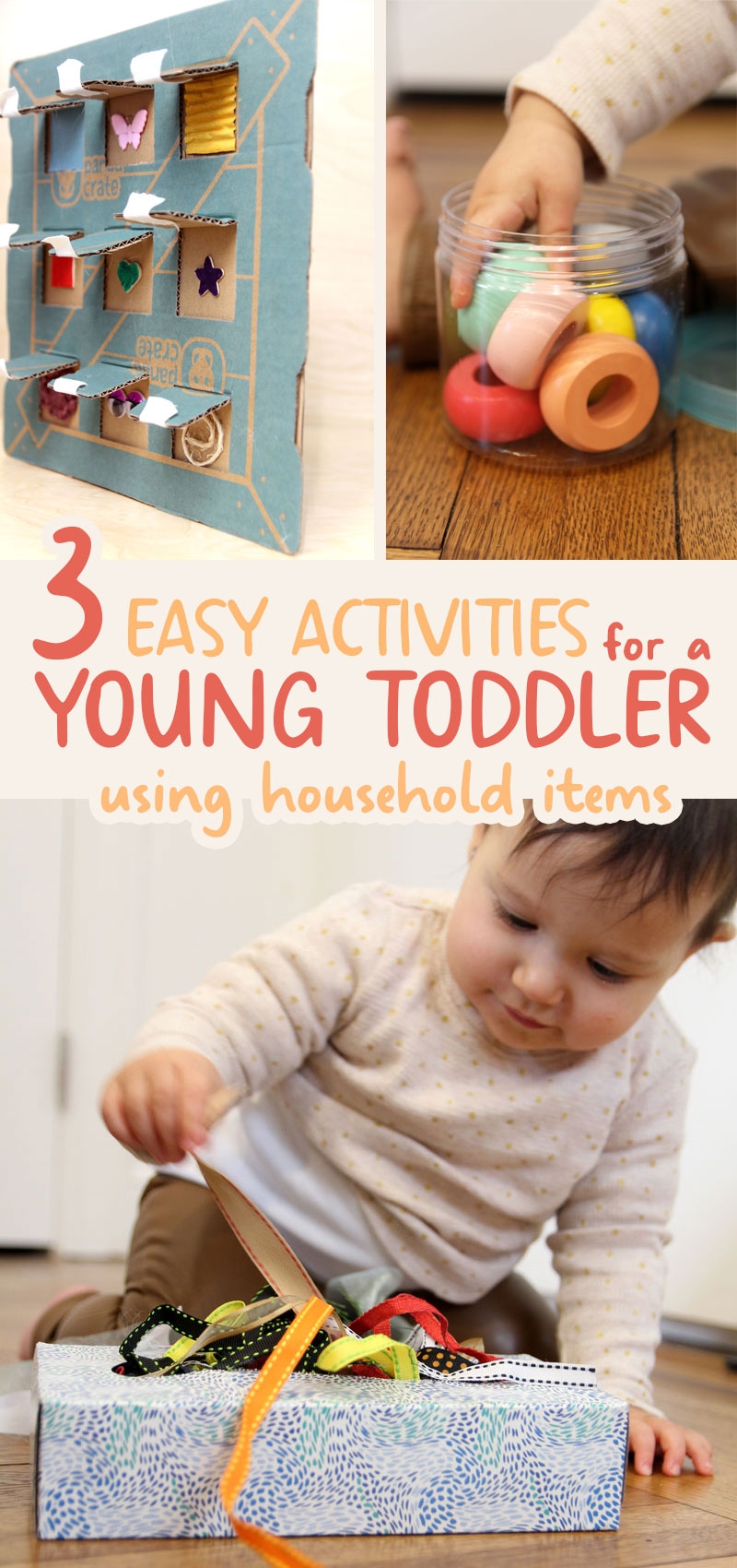 collage of three activities for a one  year old at home 