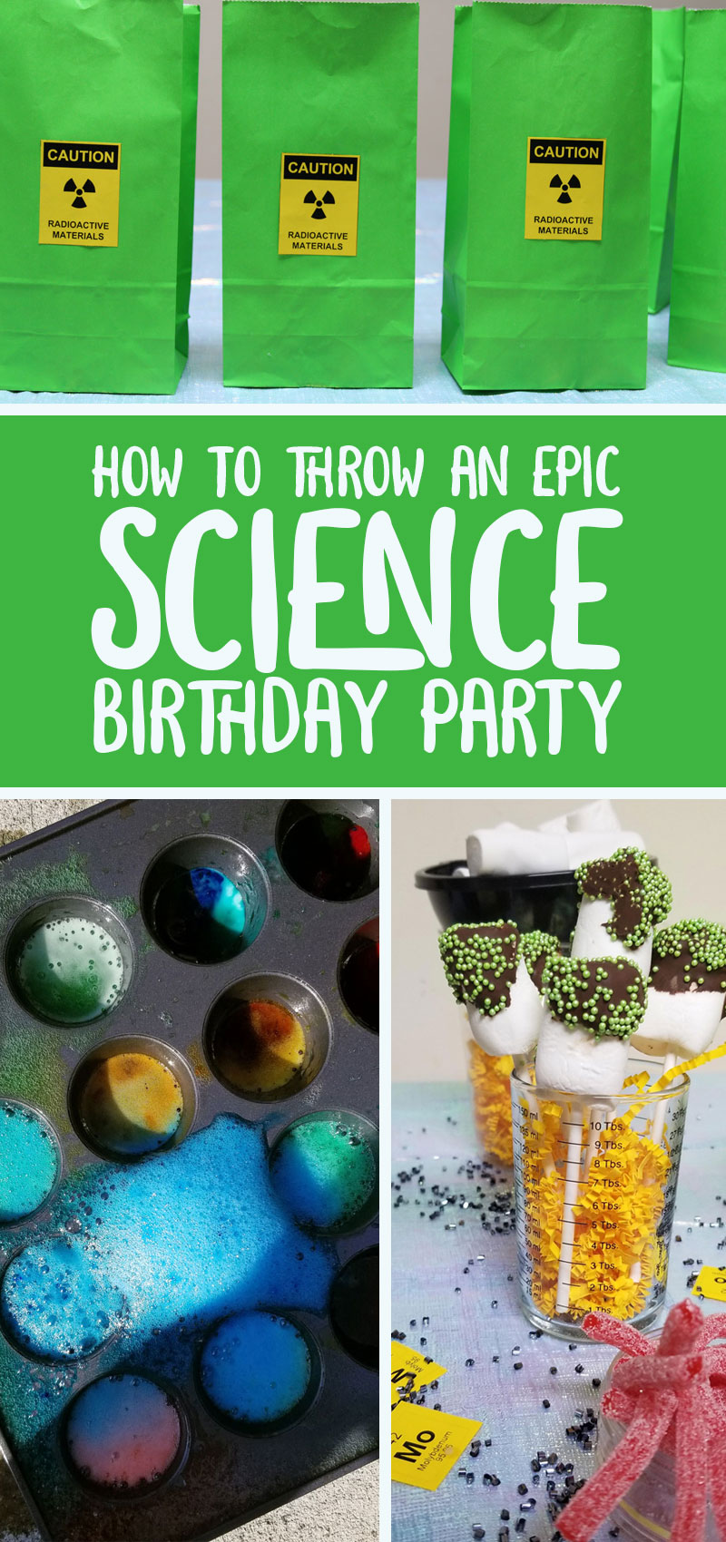 science birthday party for kids ideas three image collage with text on a green background