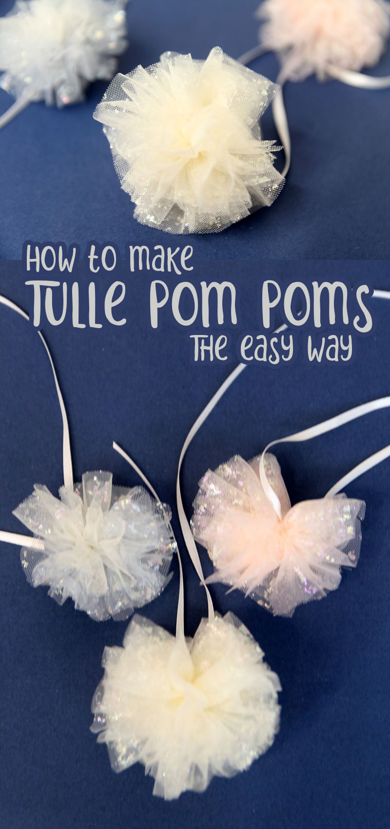 how to make a pom pom with tulle collage on a navy background.