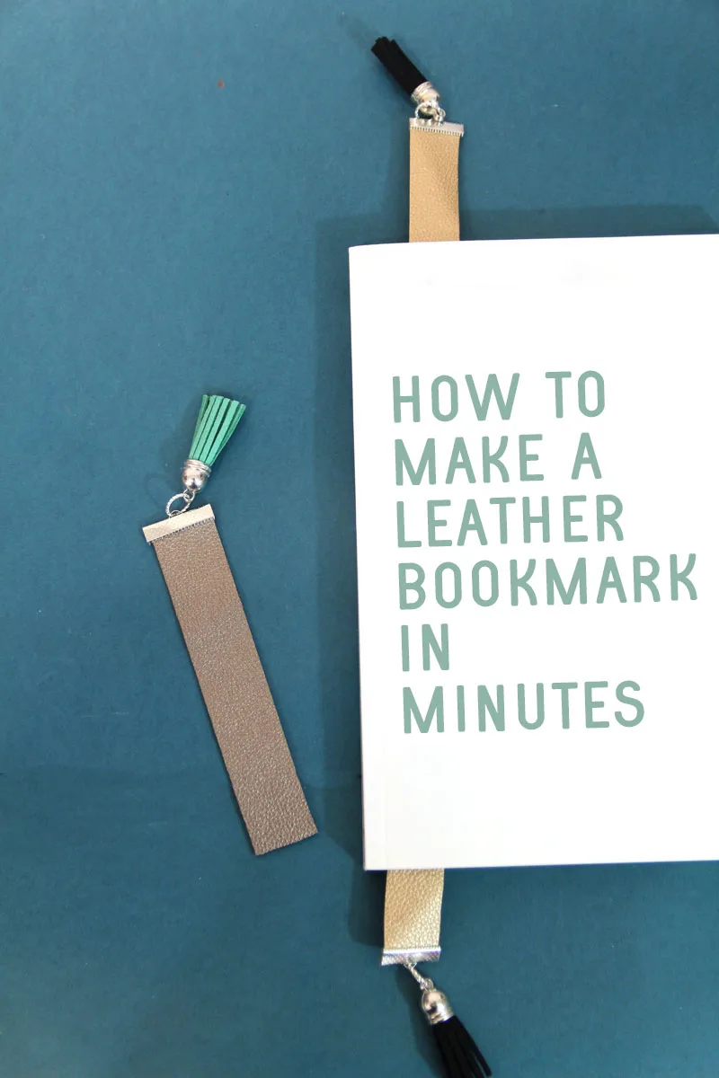 DIY leather bookmark hero image with text on book