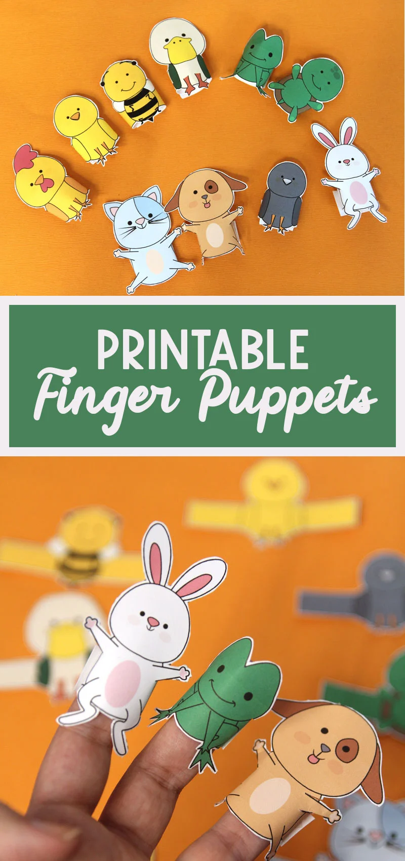 farm animal finger puppets collage with text