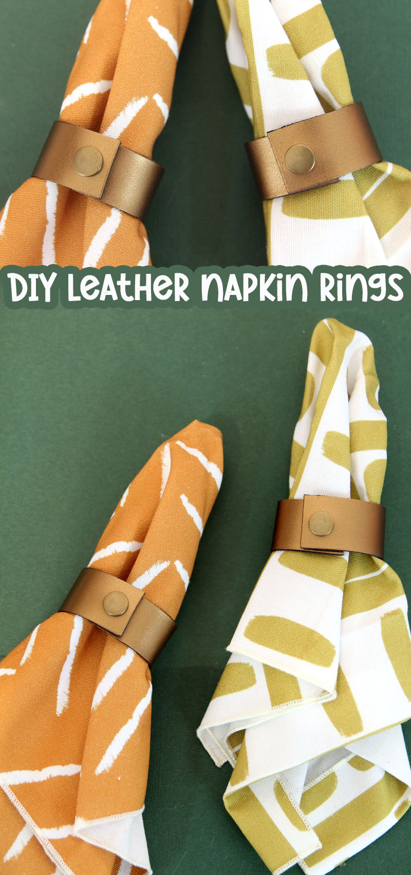 leather napkin rings on dark green background with orange and green napkins
