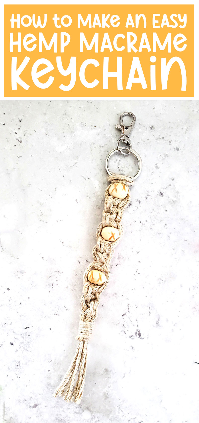 macrame keychain single final image with text on an orange backgound
